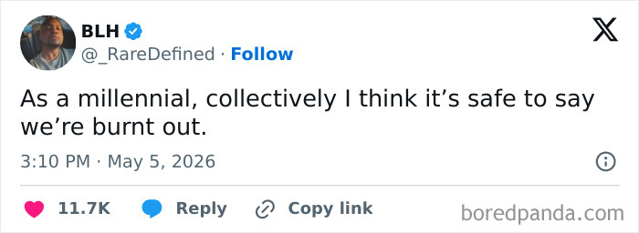 Millennial tweet expressing collective burnout among their generation