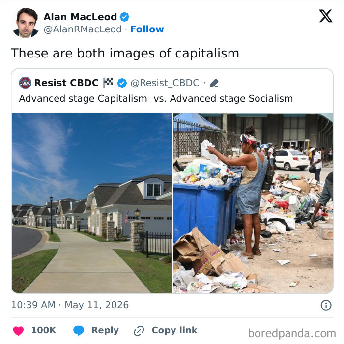 Comparison of advanced stage capitalism showing luxury homes versus poverty and garbage