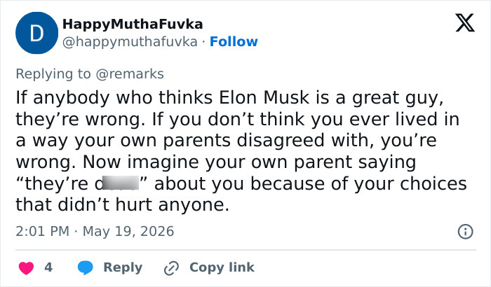 Tweet discussing criticism of Elon Musk and parental disagreement Tweet discussing criticism of Elon Musk and parental disagreement