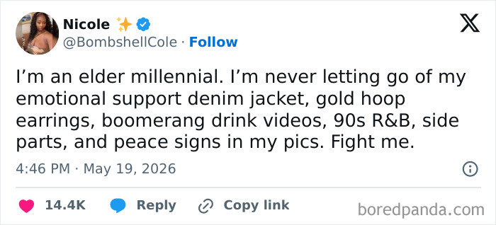 Elder millennial embraces denim jacket, gold hoops, 90s R&B, and peace signs in pics