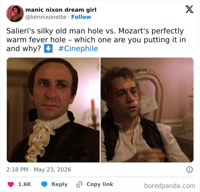 A funny cinephile tweet comparing two movie characters, asking a humorous question.