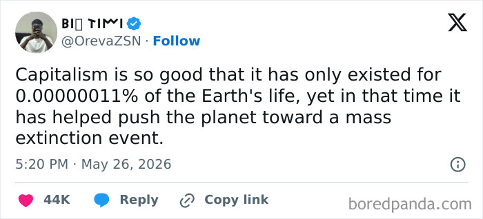 Tweet criticizes capitalism's harm to Earth within brief existence under late stage capitalism