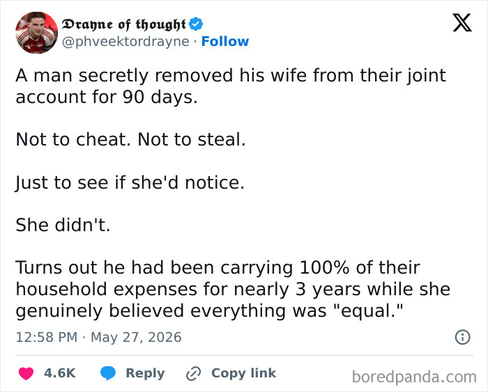 Man secretly removed wife from joint account revealing financial truth