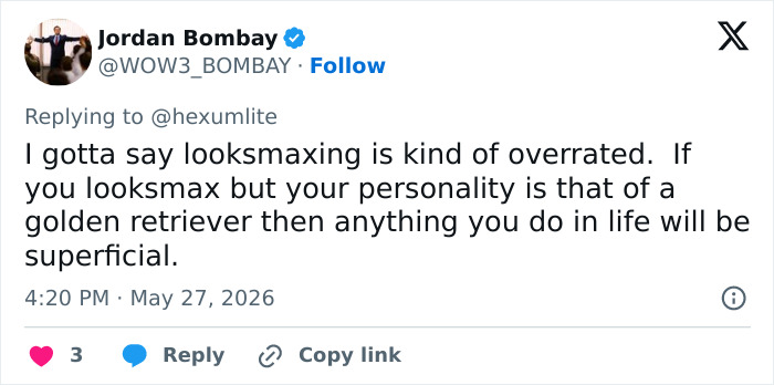 Twitter comment calling looksmaxxing overrated and personality important Twitter comment calling looksmaxxing overrated and personality important