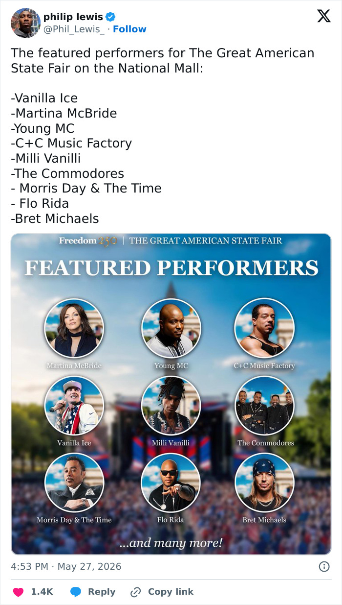 Social media post listing featured performers for Freedom 250 concert lineup