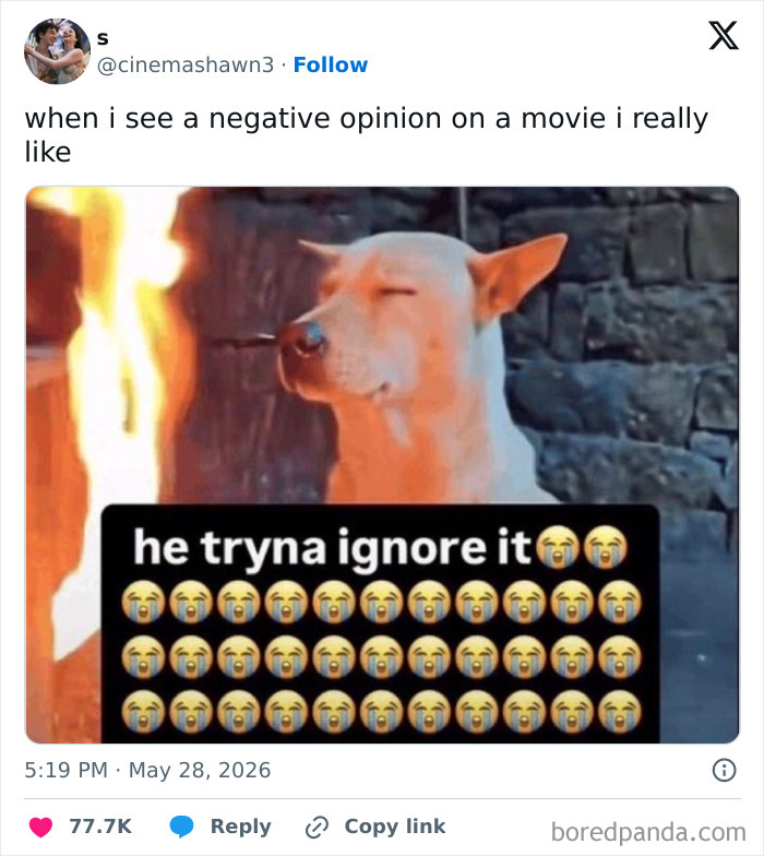 A funny cinephile tweet with a dog ignoring a movie opinion, highlighting hilarious movie people.
