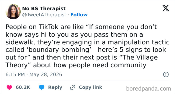 A tweet about TikTok boundary-bombing and community, a relatable fever dream meme.