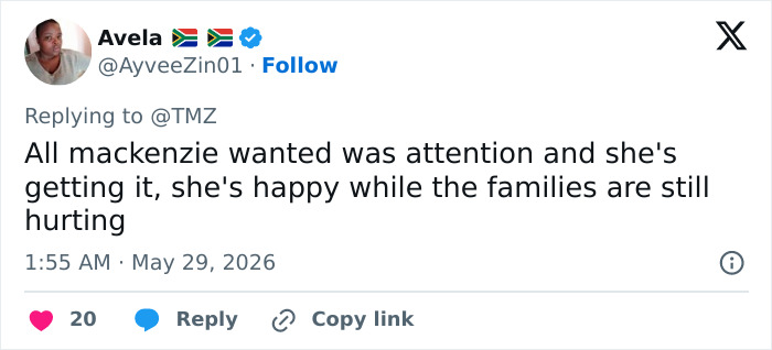 Tweet about Mackenzie Shirilla wanting attention and family impact Tweet about Mackenzie Shirilla wanting attention and family impact