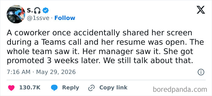 Real-life plot twist of coworker accidentally sharing resume on Teams and getting promoted