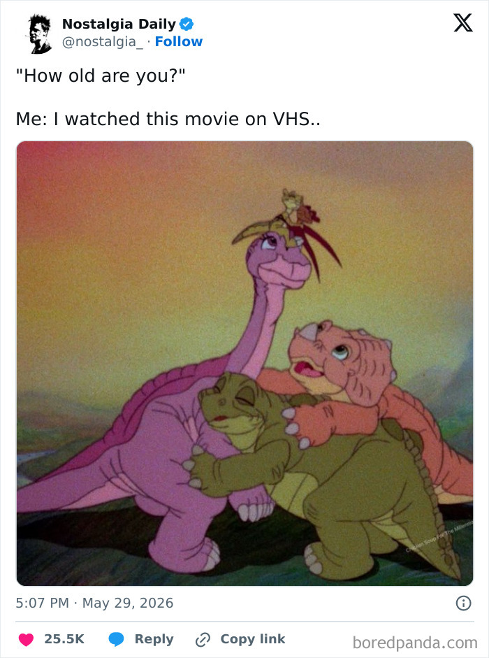 A nostalgic image of classic animated dinosaurs from a movie, highlighting hilarious cinephile tweets and how movie people are unhinged.