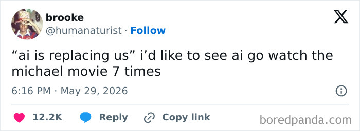 A cinephile tweet about AI replacing humans and watching a Michael movie, showing hilarious movie people.