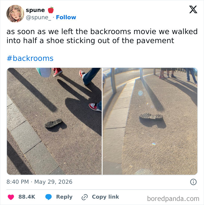 A humorous tweet from movie people showing a shoe sticking out of pavement after watching The Backrooms movie, a special kind of unhinged.