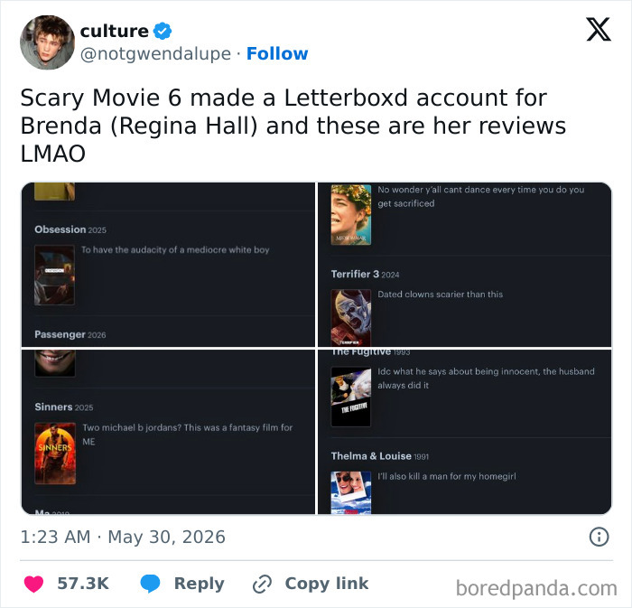 A tweet showcasing hilarious cinephile tweets, featuring movie reviews by Brenda from Scary Movie 6, a special kind of unhinged.