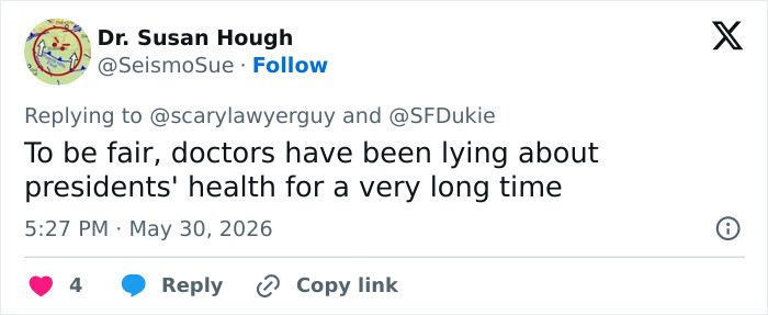 Tweet discussing doctors lying about presidents' health