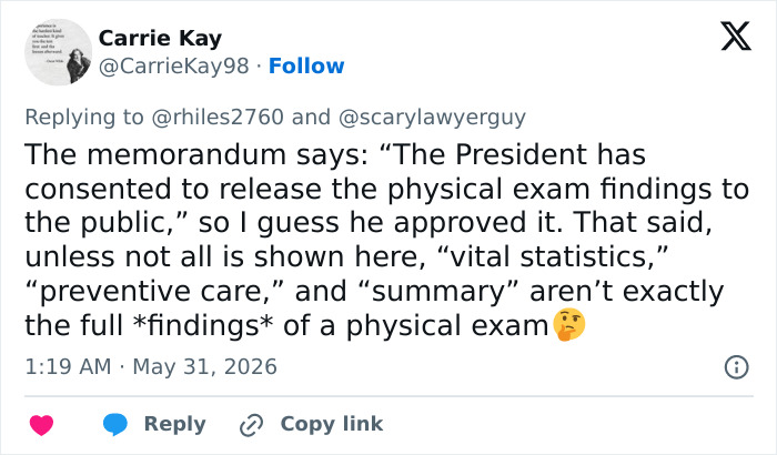 Tweet discussing release and limits of Trump's physical exam findings memo