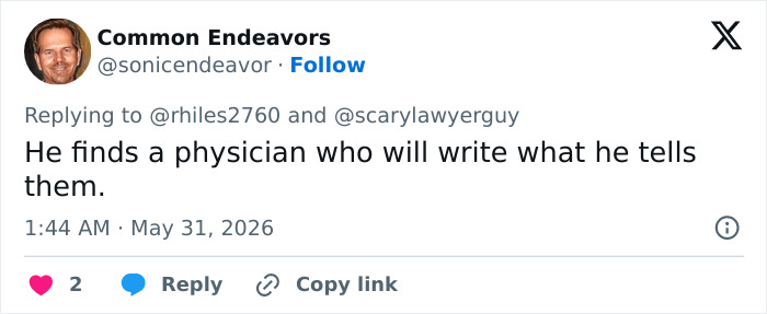 Tweet discussing physician involvement in Trump's medical history
