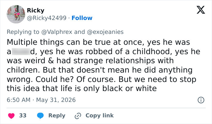 Tweet discussing Michael Jackson's complex legacy and relationships with children