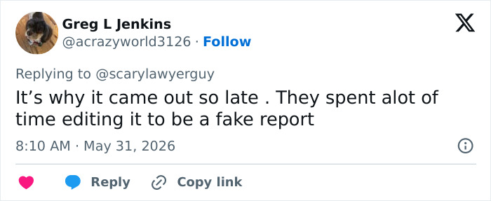 Social media comment accusing White House of delaying and editing report on Trump's hair-loss treatment