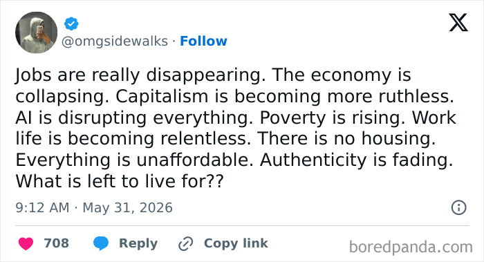 Tweet listing issues with capitalism including job loss and rising poverty
