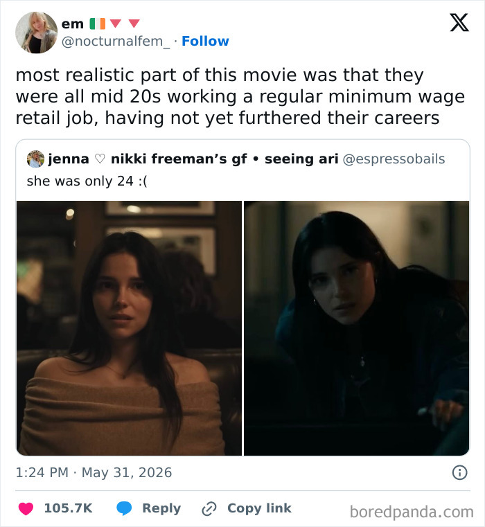Hilarious cinephile tweet about a realistic movie, showing two images of a young woman, highlighting movie people.