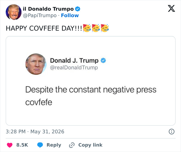 A screenshot of Donald Trump gaffes from a tweet about covfefe, a blooper for history books and YouTube.