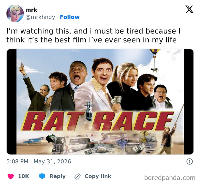 A cinephile tweet praising the movie Rat Race, showcasing movie people's humorous opinions.