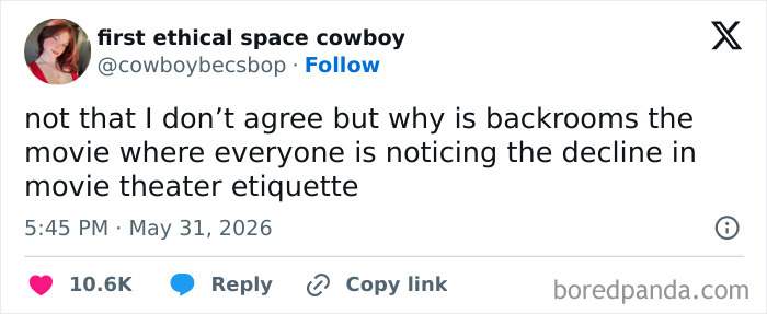 A tweet from a cinephile discussing movie theater etiquette and a special kind of unhinged movie people.
