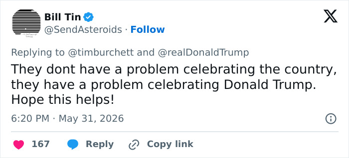 Tweet stating problem is with celebrating Donald Trump, not country, in concert critique