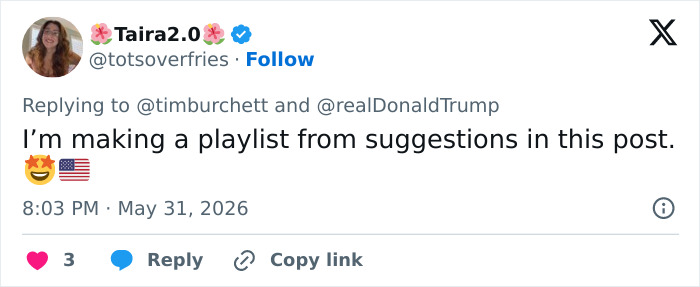 Tweet about making a playlist from suggestions for Trump's Freedom 250 concert lineup