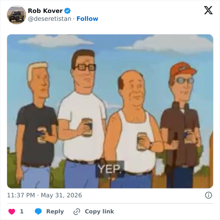 Cartoon characters holding drinks with caption Yep related to MAGA lineup