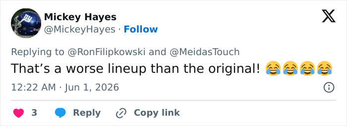 Tweet criticizing Freedom 250 concert lineup as worse than the original with laughing emojis