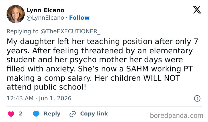 Mother explains daughter's decision to leave teaching due to anxiety and threats from students and families