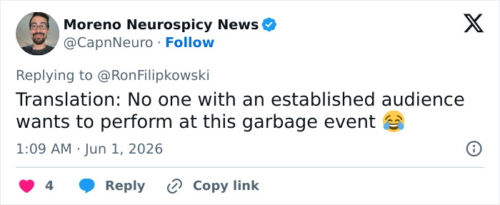 Tweet mocking MAGA politician's Freedom 250 concert lineup as garbage with no audience appeal