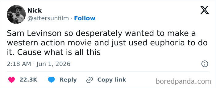 Hilarious cinephile tweet questioning a movie's genre, referring to Sam Levinson and Euphoria, for movie people.