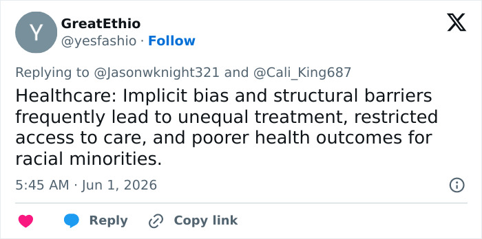 Tweet on healthcare biases causing unequal treatment and poorer outcomes for racial minorities Tweet on healthcare biases causing unequal treatment and poorer outcomes for racial minorities