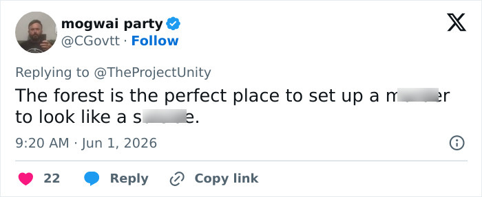 Tweet suggesting forest as location to stage missing scientist scene Tweet suggesting forest as location to stage missing scientist scene