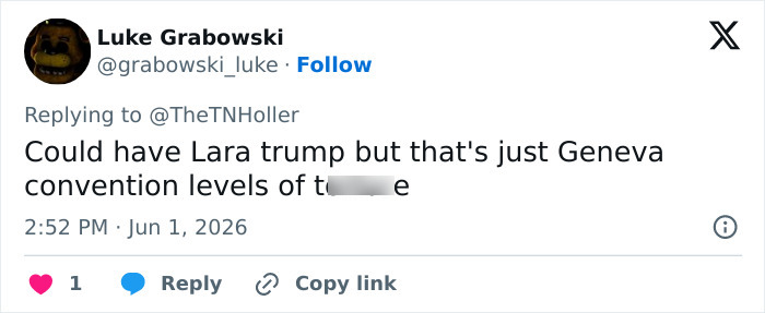 Tweet sarcastically referencing Lara Trump in Freedom 250 concert roast