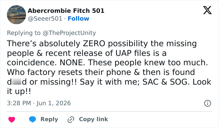 Tweet discussing missing people and UAP files with new explosive theories Tweet discussing missing people and UAP files with new explosive theories