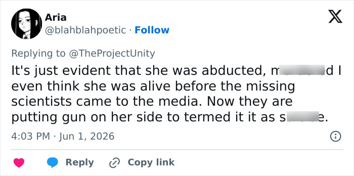 Social media post discussing theories about missing scientist assistant abducted or silenced Social media post discussing theories about missing scientist assistant abducted or silenced