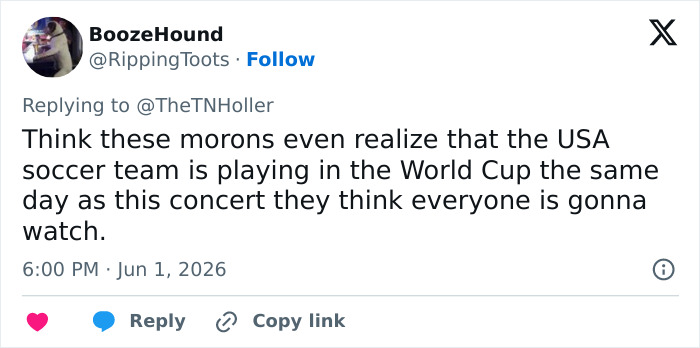 Tweet criticizing MAGA politician's Freedom 250 concert lineup during USA World Cup soccer match