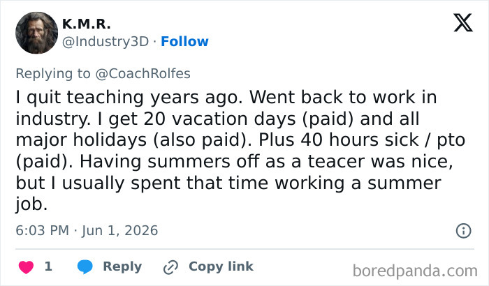 Former teacher praises better benefits and paid time off in industry job