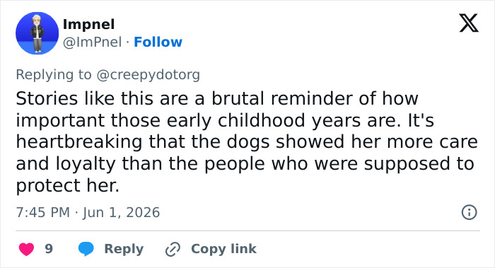 Screenshot of a tweet expressing sadness over a girl abandoned by parents and raised by dogs. Screenshot of a tweet expressing sadness over a girl abandoned by parents and raised by dogs.