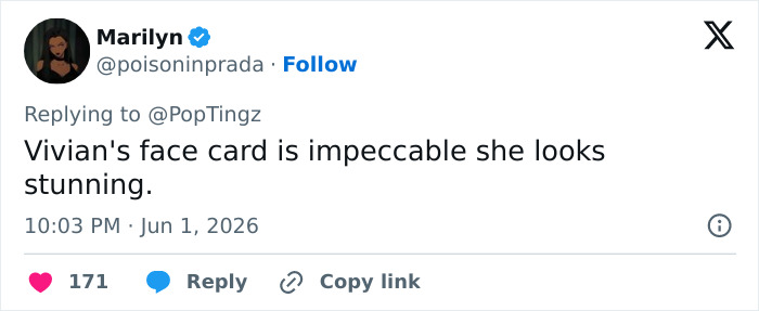 Tweet praising Vivian's stunning face card as impeccable Tweet praising Vivian's stunning face card as impeccable