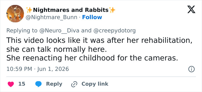 A tweet explaining the video shows the girl abandoned by parents after rehabilitation, reenacting her past. A tweet explaining the video shows the girl abandoned by parents after rehabilitation, reenacting her past.