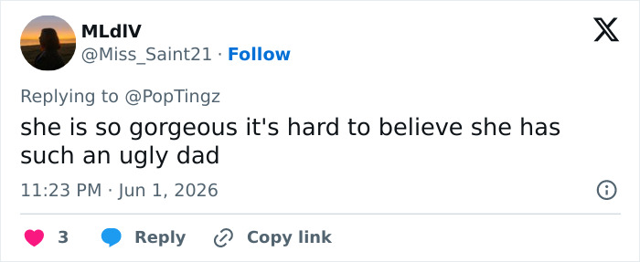 Tweet praising Vivian's gorgeous look despite her dad Tweet praising Vivian's gorgeous look despite her dad