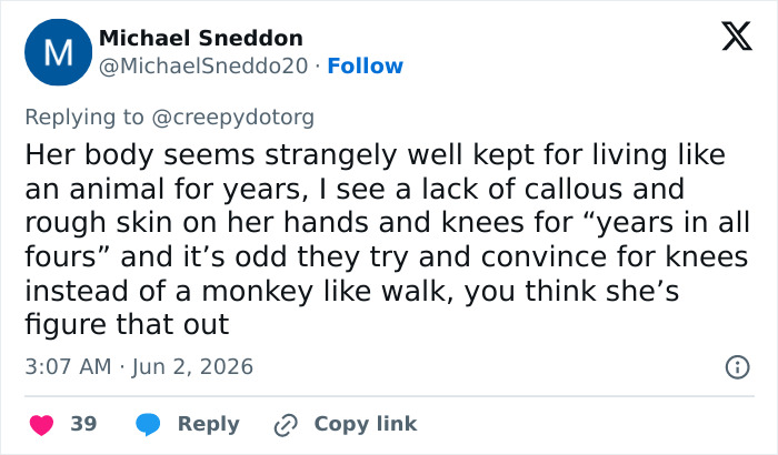 A Twitter comment questions the girl's appearance, noting her well-kept body despite being raised by dogs. A Twitter comment questions the girl's appearance, noting her well-kept body despite being raised by dogs.