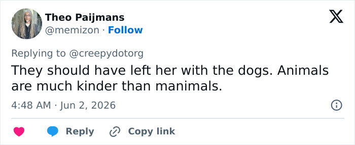 Tweet from Theo Paijmans discussing a girl raised by dogs. The tweet suggests leaving her with the dogs. Tweet from Theo Paijmans discussing a girl raised by dogs. The tweet suggests leaving her with the dogs.