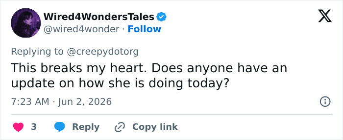 Screenshot of a tweet from Wired4WondersTales asking for an update on the abandoned girl raised by dogs, expressing sympathy. Screenshot of a tweet from Wired4WondersTales asking for an update on the abandoned girl raised by dogs, expressing sympathy.
