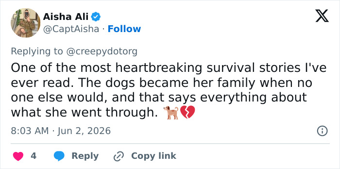A social media post remarking on the heartbreaking story of a girl abandoned by parents and raised by dogs. A social media post remarking on the heartbreaking story of a girl abandoned by parents and raised by dogs.