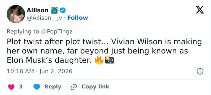 Tweet about Vivian Musk making her own name beyond Elon Musk's daughter Tweet about Vivian Musk making her own name beyond Elon Musk's daughter